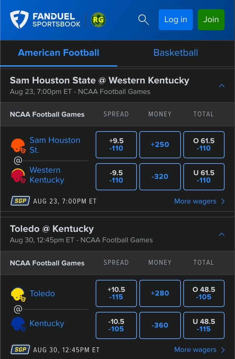 College football betting on Kentucky teams at FanDuel